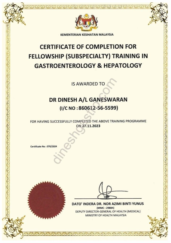 Certificate of Completion for Fellowship (Subspecialty) Training in Gastroenterology & Hepatology