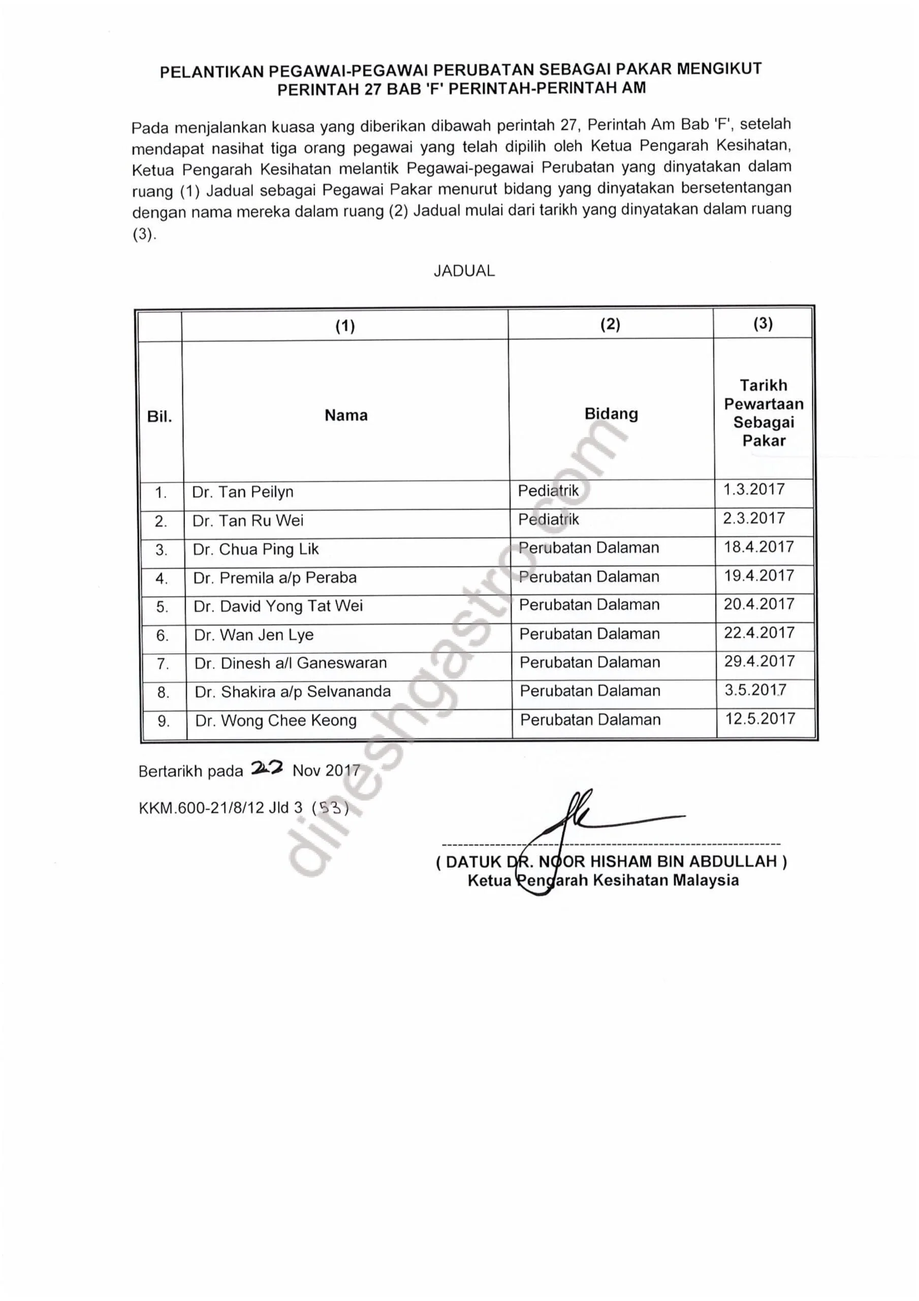 Letter of Gazettement from Ministry of Health, Malaysia